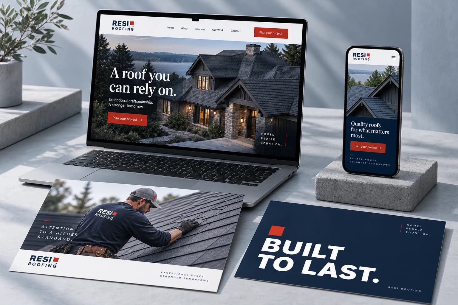 Illustrative Resi Roofing campaign concept with coordinated website, mobile design, and printed creative in navy, red, and white